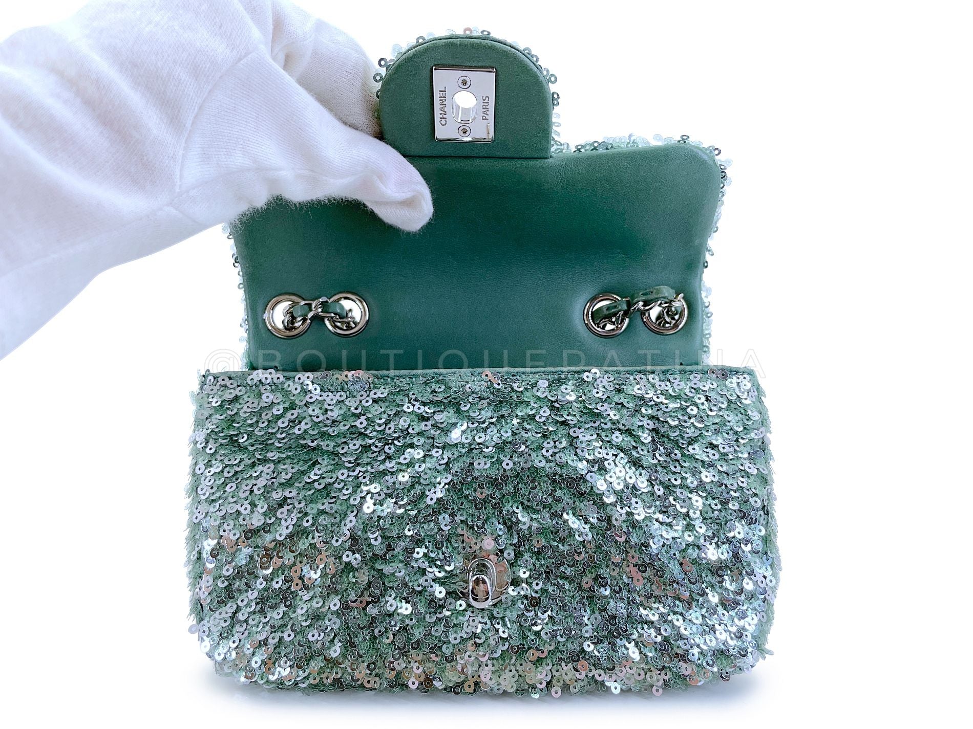 Rare Chanel Mermaid Green Sequins Mini Flap Bag Etched CC SHW KMD - Image 9