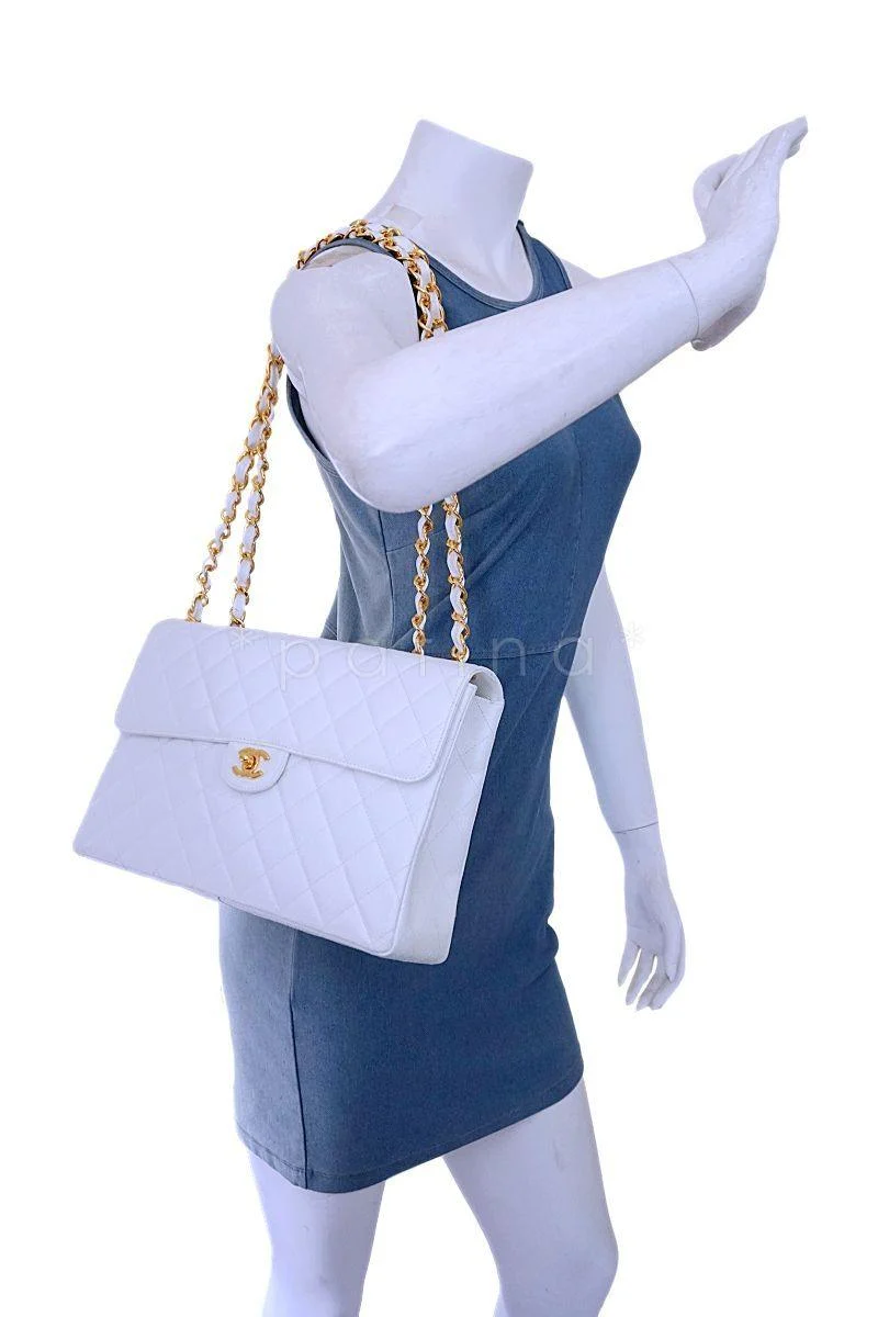 *rare* Chanel White Caviar Jumbo Classic Flap Bag 24k GHW - Image 16