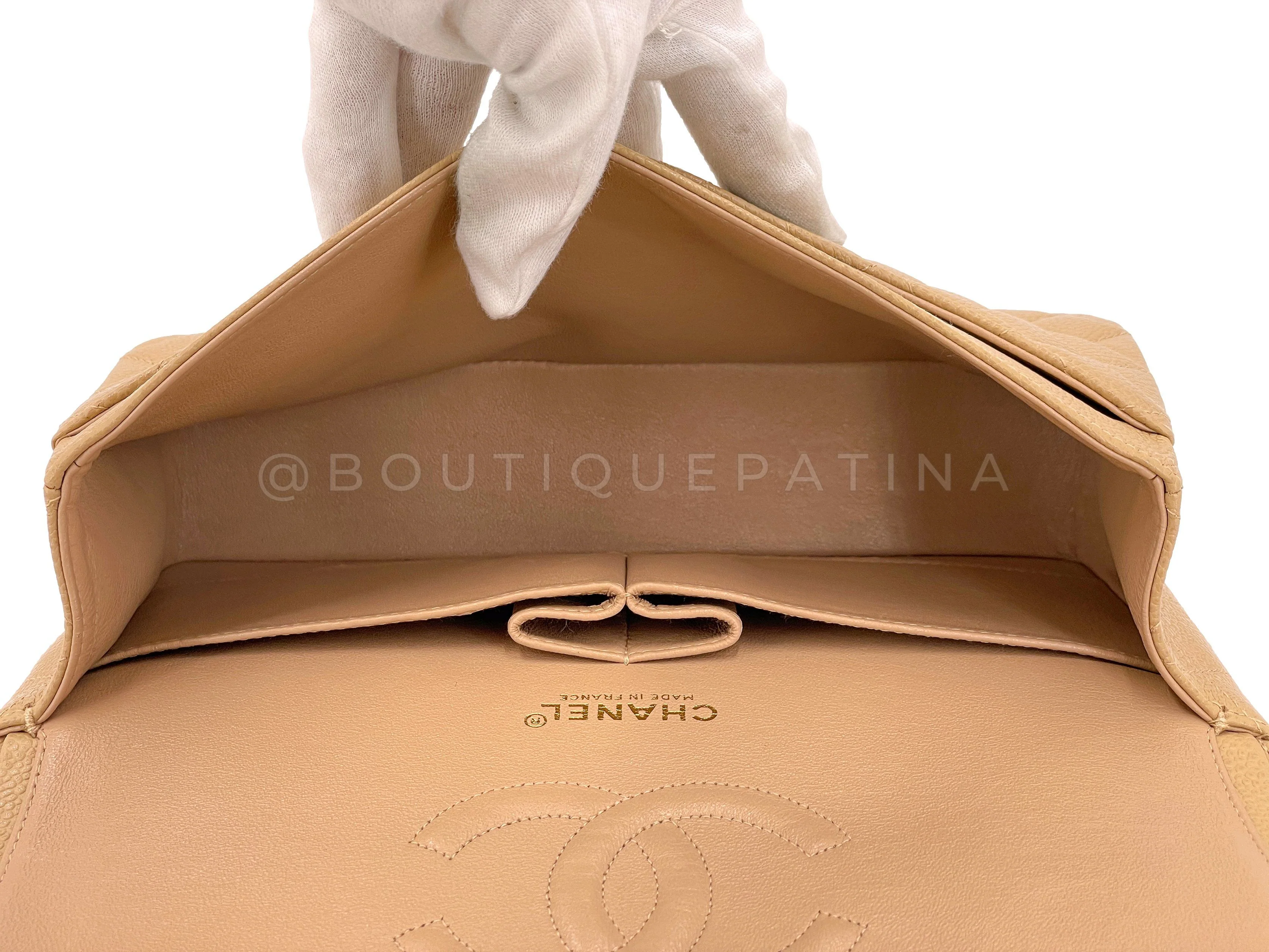 Rare Pristine Chanel 2000 Vintage Caramel Beige Caviar Medium Classic Double Flap Bag 24k GHW - Image 10