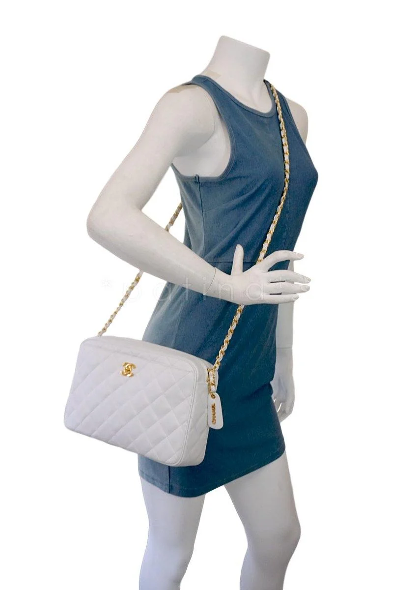 Rare Pristine Chanel White Caviar Quilted Classic Camera Case Clasp Bag - Image 13