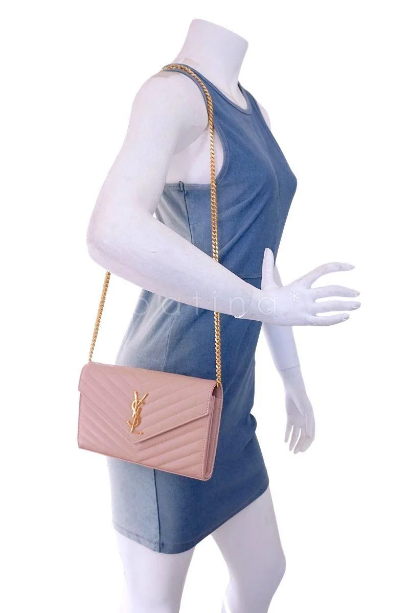 YSL Saint Laurent Nude Pink Powder Beige Grain de Poudre Wallet on Chain WOC Bag SHW - Image 13